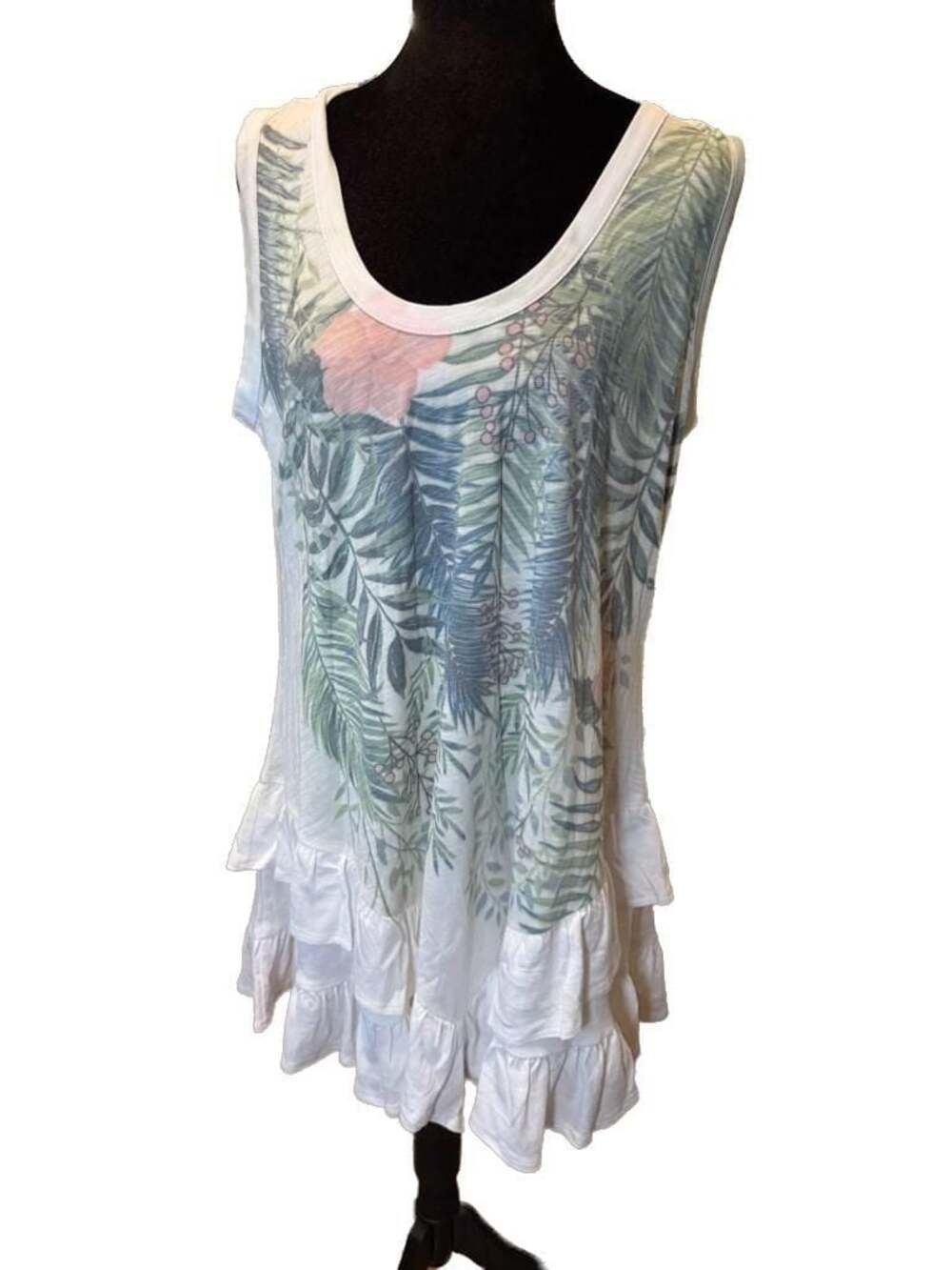 DG2 by Diane Gilman Tropical Floral Slub Knit Ruffle Hem Tank Top